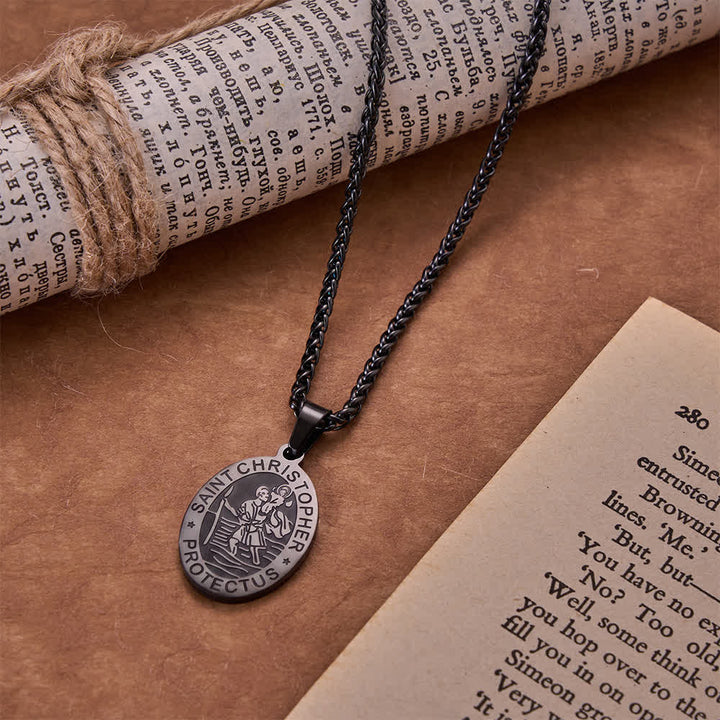 FREE Today: Oval Saint Christopher Engraved Medal Wheat Chain Necklace: Timeless Emblem of Gentle Heavenly Guardianship - Black - image 5