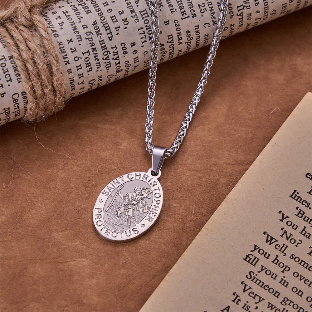 FREE Today: Oval Saint Christopher Engraved Medal Wheat Chain Necklace: Timeless Emblem of Gentle Heavenly Guardianship - Steel - image 6