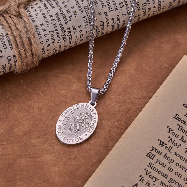 FREE Today: Oval Saint Christopher Engraved Medal Wheat Chain Necklace: Timeless Emblem of Gentle Heavenly Guardianship - Steel - image 6