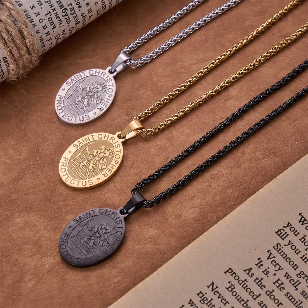 FREE Today: Oval Saint Christopher Engraved Medal Wheat Chain Necklace: Timeless Emblem of Gentle Heavenly Guardianship - image 1