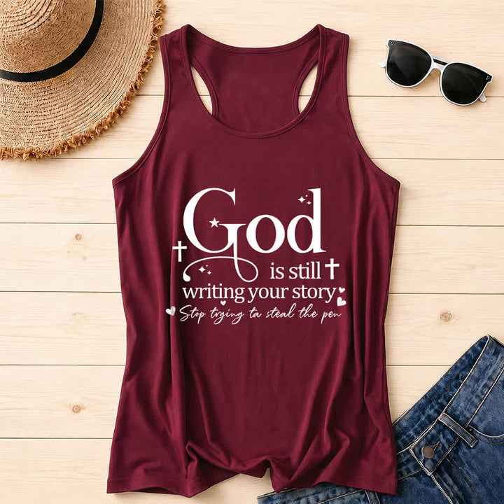 Christianartworkshop God Is Still Writing Your Story Christian Workout Racerback Tank Top - Wine - 2XL - image 24