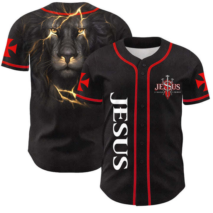 Christianartworkshop Front Vertical Jesus Nail Cross Emblem Back Lightning Lion Of Judah Portrait Button-Up Baseball Jersey - Red - 5XL - image 0