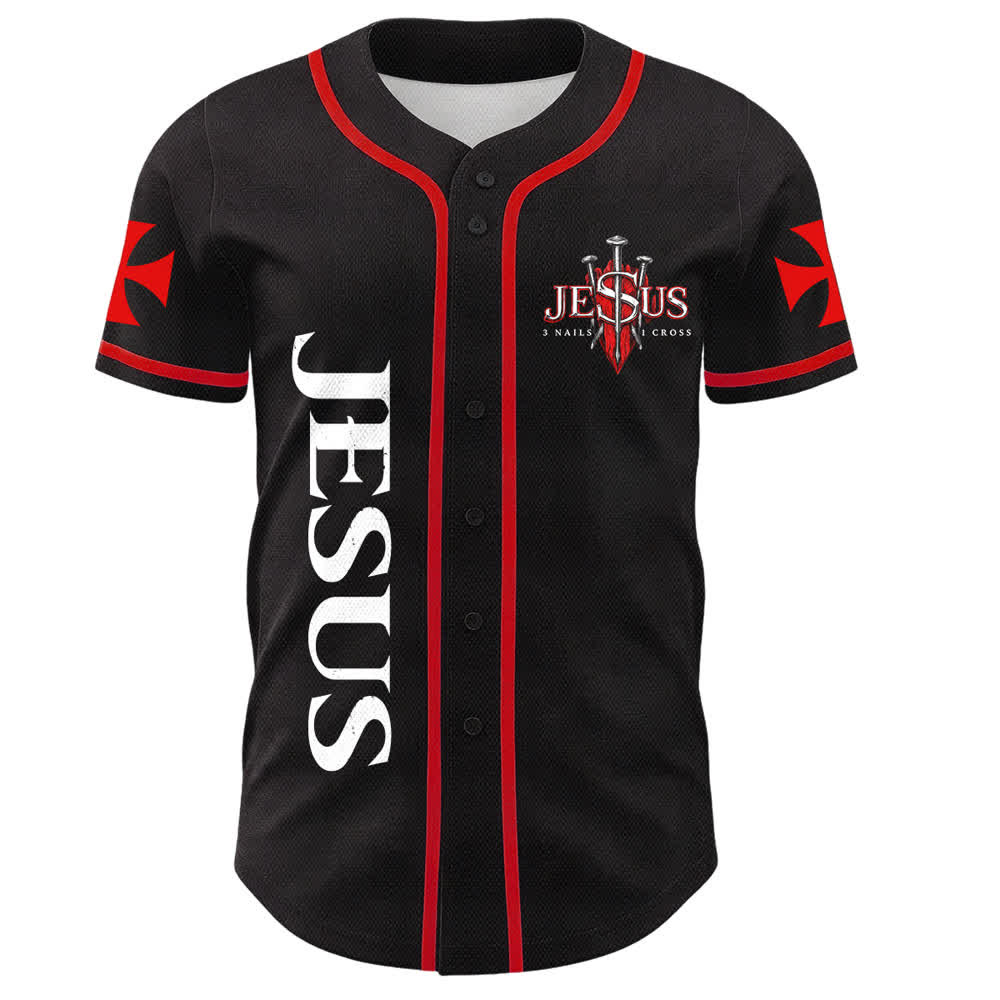 Christianartworkshop Front Vertical Jesus Nail Cross Emblem Back Lightning Lion Of Judah Portrait Button-Up Baseball Jersey - image 1