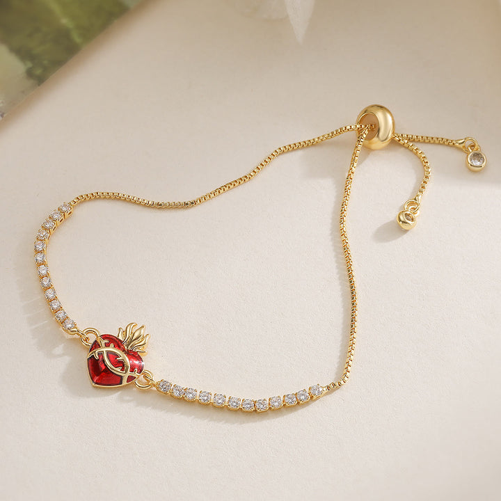 Christianartworkshop Sparkling Cubic Zirconia Sacred Heart Slider Bracelet: Emblem of Enduring Heavenly Love - Sacred Heart with Flames - image 3