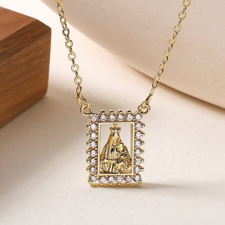 Christianartworkshop Zircon Border Framed Holy Portrait Necklace: Emblem of Gentle Heavenly Protection - Our Lady  - image 0