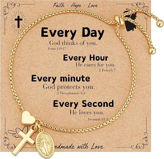 Christianartworkshop Adjustable Box Chain Charm Bracelet With Cross Heart & Holy Medal: Emblem of Tender Celestial Blessing - Golden - Every Day - image 5