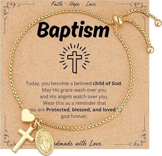 Christianartworkshop Adjustable Box Chain Charm Bracelet With Cross Heart & Holy Medal: Emblem of Tender Celestial Blessing - Golden - Baptism - image 2