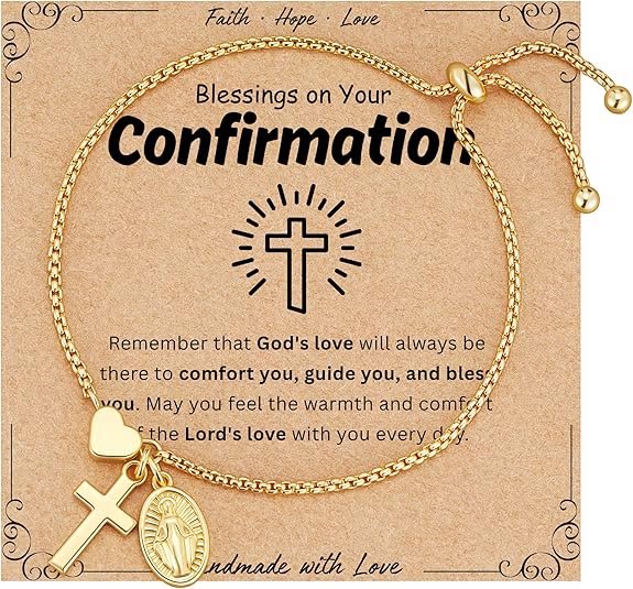 Christianartworkshop Adjustable Box Chain Charm Bracelet With Cross Heart & Holy Medal: Emblem of Tender Celestial Blessing - Golden - Conformation - image 0
