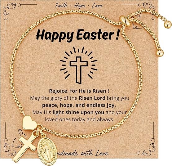 Christianartworkshop Adjustable Box Chain Charm Bracelet With Cross Heart & Holy Medal: Emblem of Tender Celestial Blessing - Golden - Happy Easter - image 4