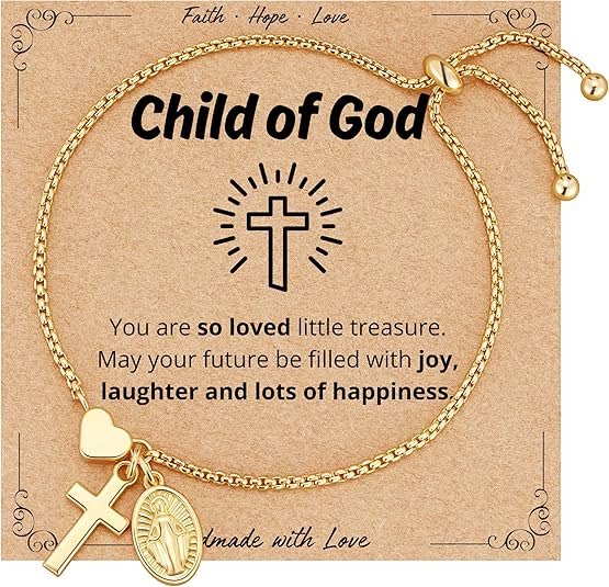 Christianartworkshop Adjustable Box Chain Charm Bracelet With Cross Heart & Holy Medal: Emblem of Tender Celestial Blessing - Golden - Child of God - image 7