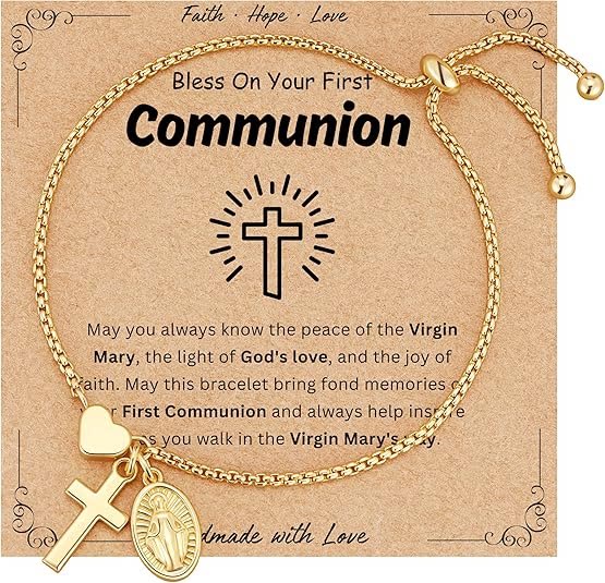 Christianartworkshop Adjustable Box Chain Charm Bracelet With Cross Heart & Holy Medal: Emblem of Tender Celestial Blessing - Golden - Communion - image 3