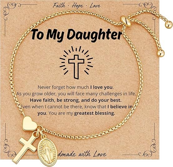 Christianartworkshop Adjustable Box Chain Charm Bracelet With Cross Heart & Holy Medal: Emblem of Tender Celestial Blessing - Golden - To My Daughter - image 6