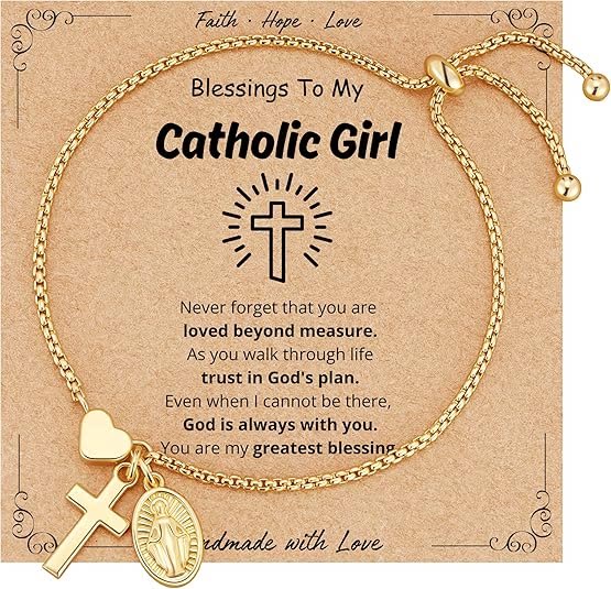 Christianartworkshop Adjustable Box Chain Charm Bracelet With Cross Heart & Holy Medal: Emblem of Tender Celestial Blessing - Golden - Catholic Girl - image 1