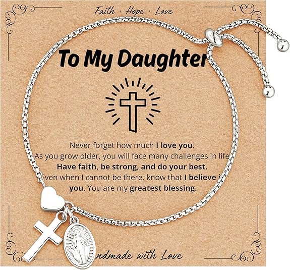 Christianartworkshop Adjustable Box Chain Charm Bracelet With Cross Heart & Holy Medal: Emblem of Tender Celestial Blessing - Silver - To My Daughter - image 12