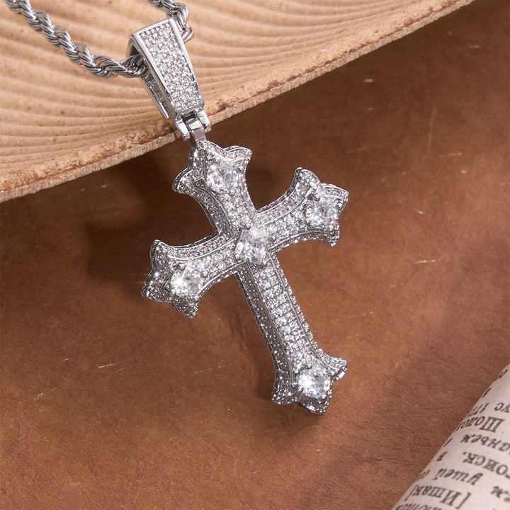 Christianartworkshop Iced Gothic Fleur Cross Pendant With Twist Rope Chain: Emblem of Radiant Celestial Fortitude - Silver - image 0