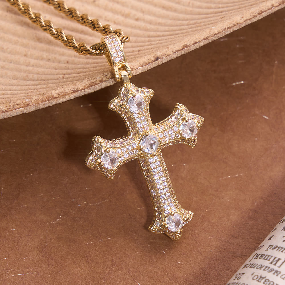 Christianartworkshop Iced Gothic Fleur Cross Pendant With Twist Rope Chain: Emblem of Radiant Celestial Fortitude - Golden - image 2