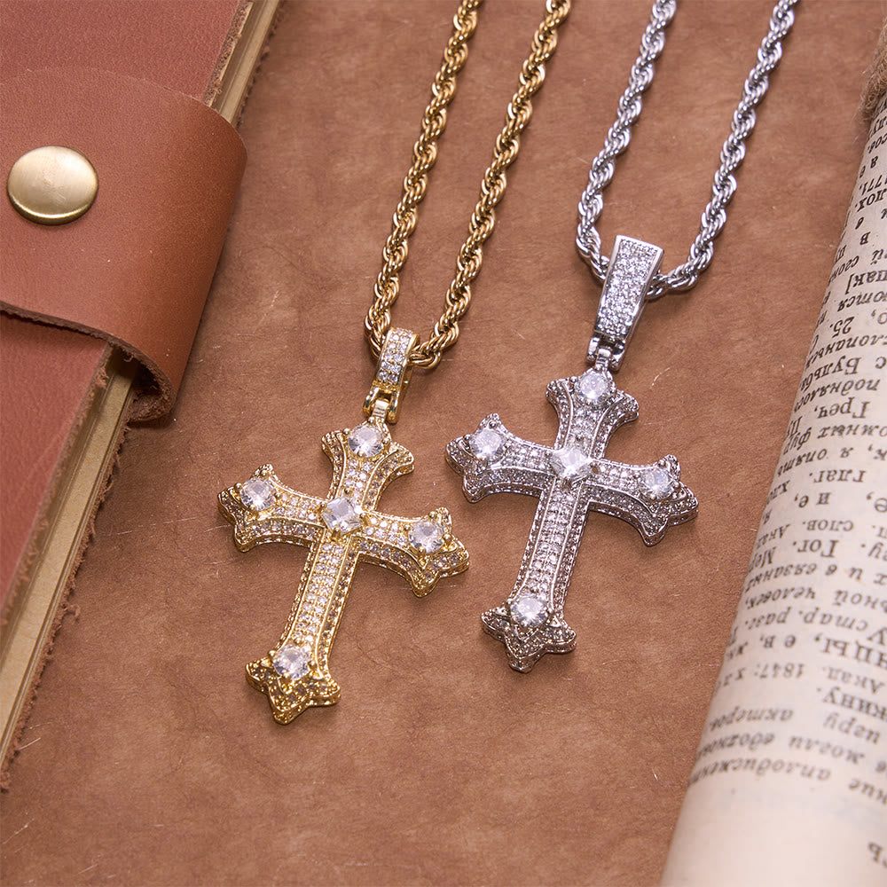 Christianartworkshop Iced Gothic Fleur Cross Pendant With Twist Rope Chain: Emblem of Radiant Celestial Fortitude - image 1