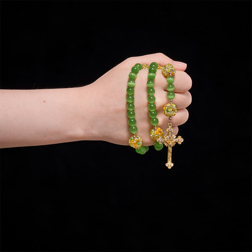 Christianartworkshop Green Cat's Eye Stone Rosary With Floral Lampwork Glass Beads: Emblem of Vibrant Heavenly Blessings - image 0