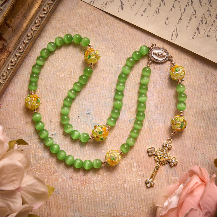 Christianartworkshop Green Cat's Eye Stone Rosary With Floral Lampwork Glass Beads: Emblem of Vibrant Heavenly Blessings - image 2