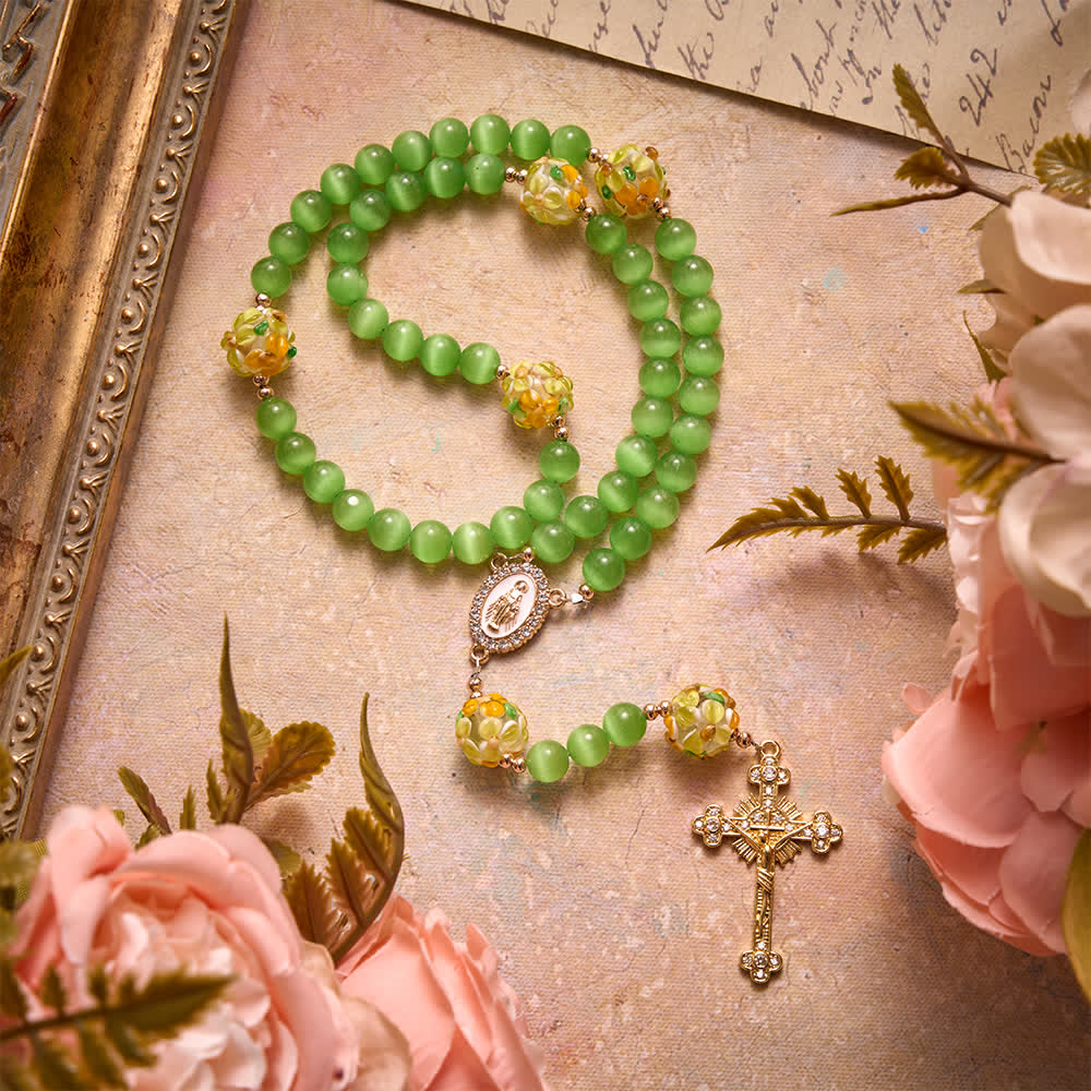 Christianartworkshop Green Cat's Eye Stone Rosary With Floral Lampwork Glass Beads: Emblem of Vibrant Heavenly Blessings - Green Cat's Eyes Stone Floral Rosary - image 1
