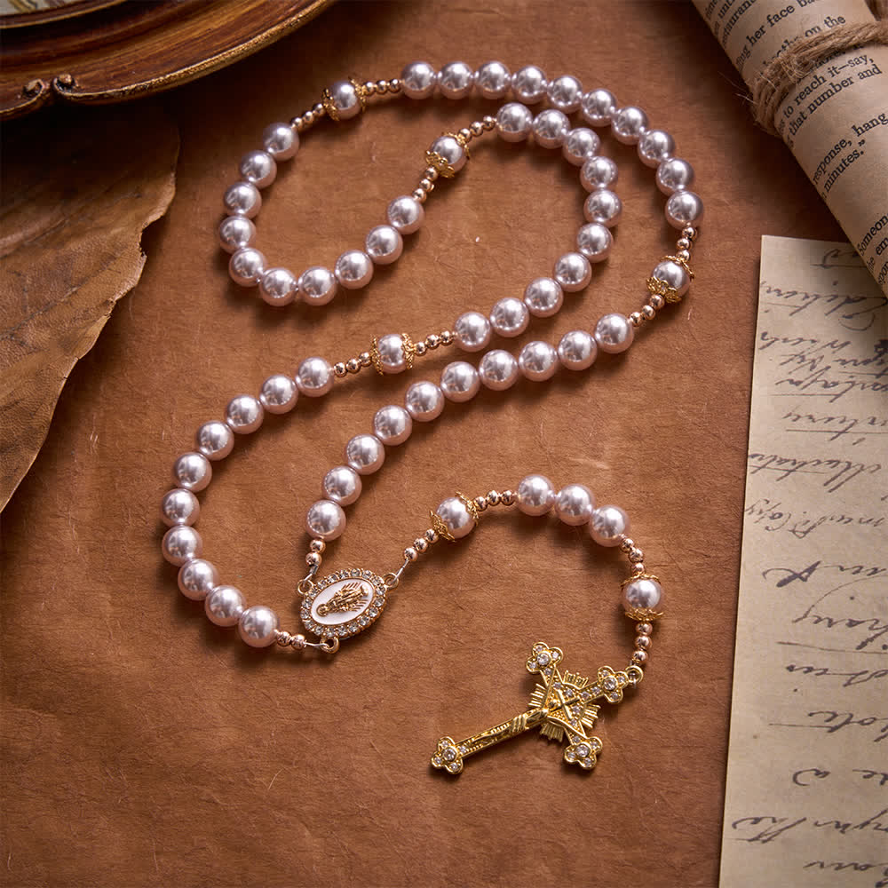 Christianartworkshop Pale Pinkish Purple  Pearl Our Lady Rosary With Jeweled Golden Crucifix: Emblem of Pure Heavenly Tenderness - image 3