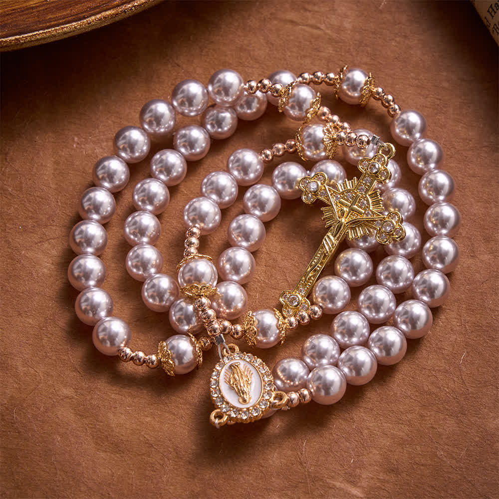 Christianartworkshop Pale Pinkish Purple  Pearl Our Lady Rosary With Jeweled Golden Crucifix: Emblem of Pure Heavenly Tenderness - image 4