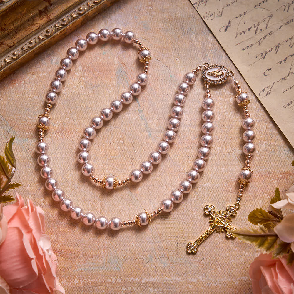 Christianartworkshop Pale Pinkish Purple  Pearl Our Lady Rosary With Jeweled Golden Crucifix: Emblem of Pure Heavenly Tenderness - Pinkish Purple Pearl Rosary - image 0