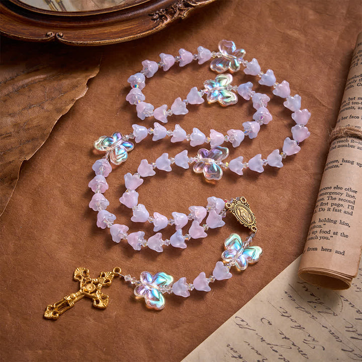 FREE Today: Gradient Iridescent Lily of the Valley Glass Rosary With Butterfly Charms: Emblem of Gentle Heavenly Blessings - Iridescent Lily Rosary - image 0