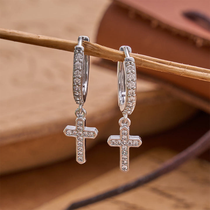 Christianartworkshop Sparkling Pavé Huggie Hoop Cross Drop Earrings: Emblem of Soft Heavenly Shelter - Silver - image 0