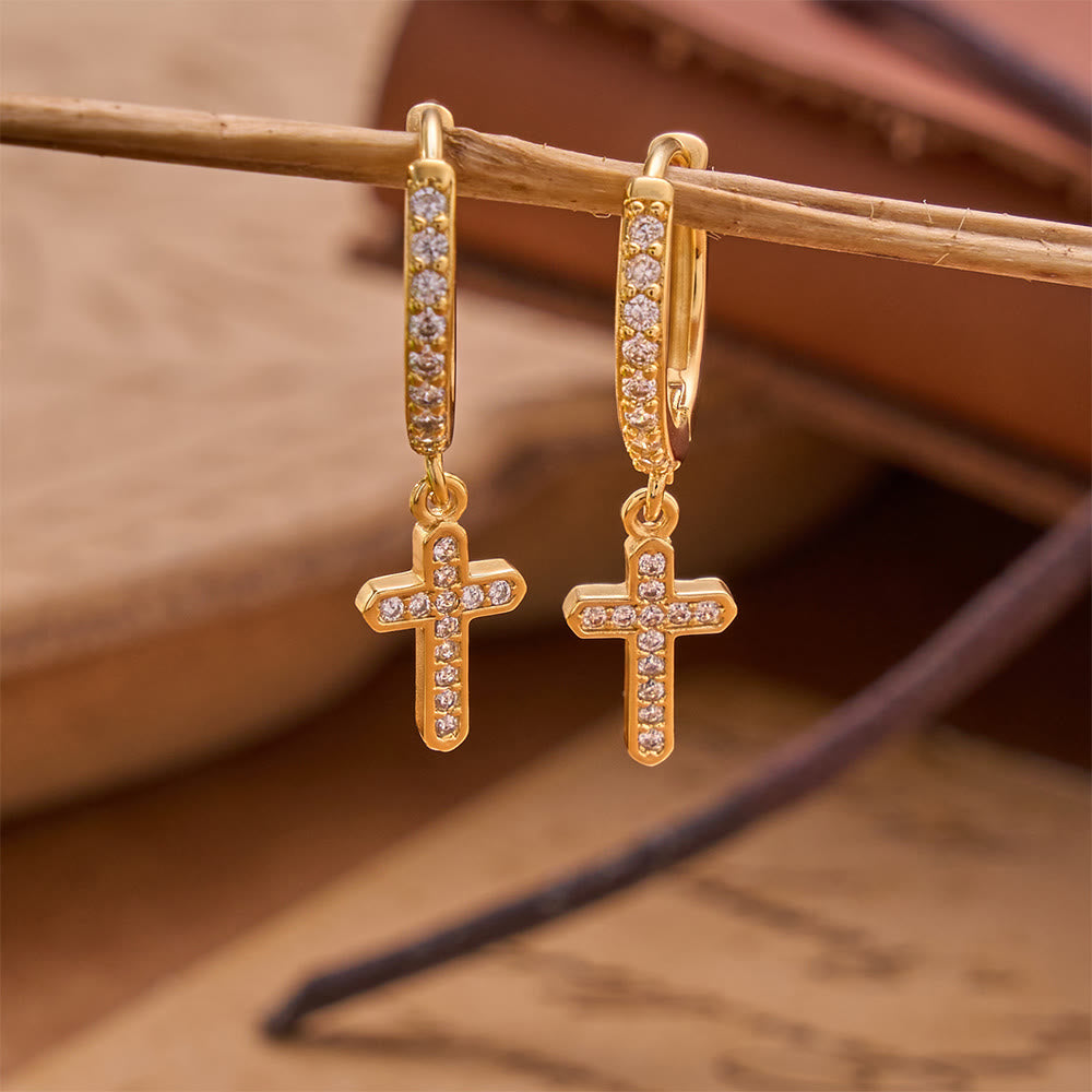 Christianartworkshop Sparkling Pavé Huggie Hoop Cross Drop Earrings: Emblem of Soft Heavenly Shelter - Golden - image 1