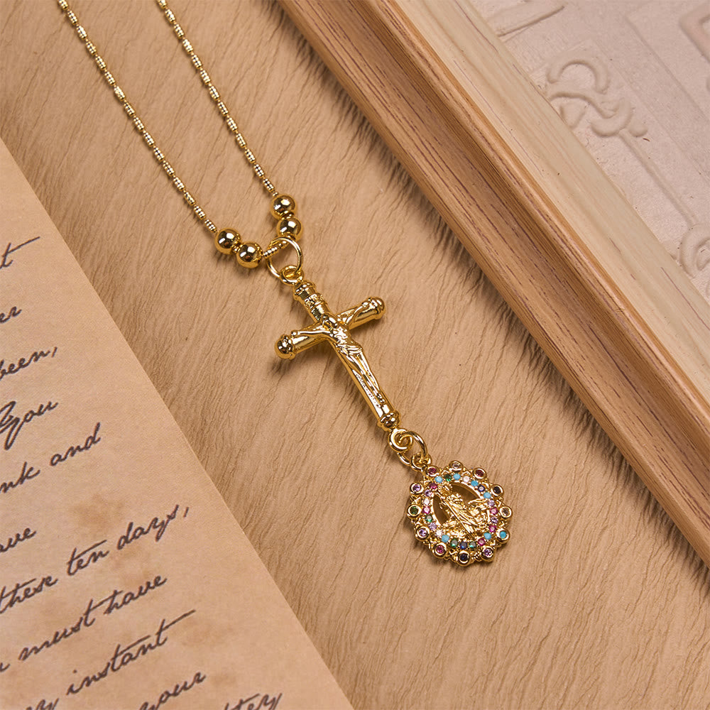 FREE Today: Carved Crucifix & Jeweled Holy Medallion Necklace: Emblem of Tender Heavenly Intercession - Multicolor Round Stone Border - image 2