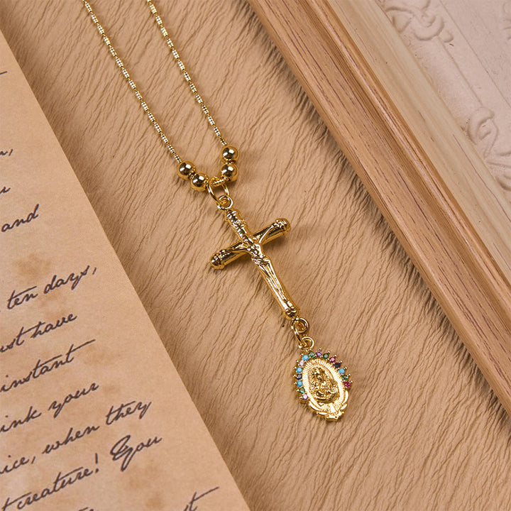 Christianartworkshop Carved Crucifix & Jeweled Holy Medallion Necklace: Emblem of Tender Heavenly Intercession - Multicolor Oval Stone Border - image 3