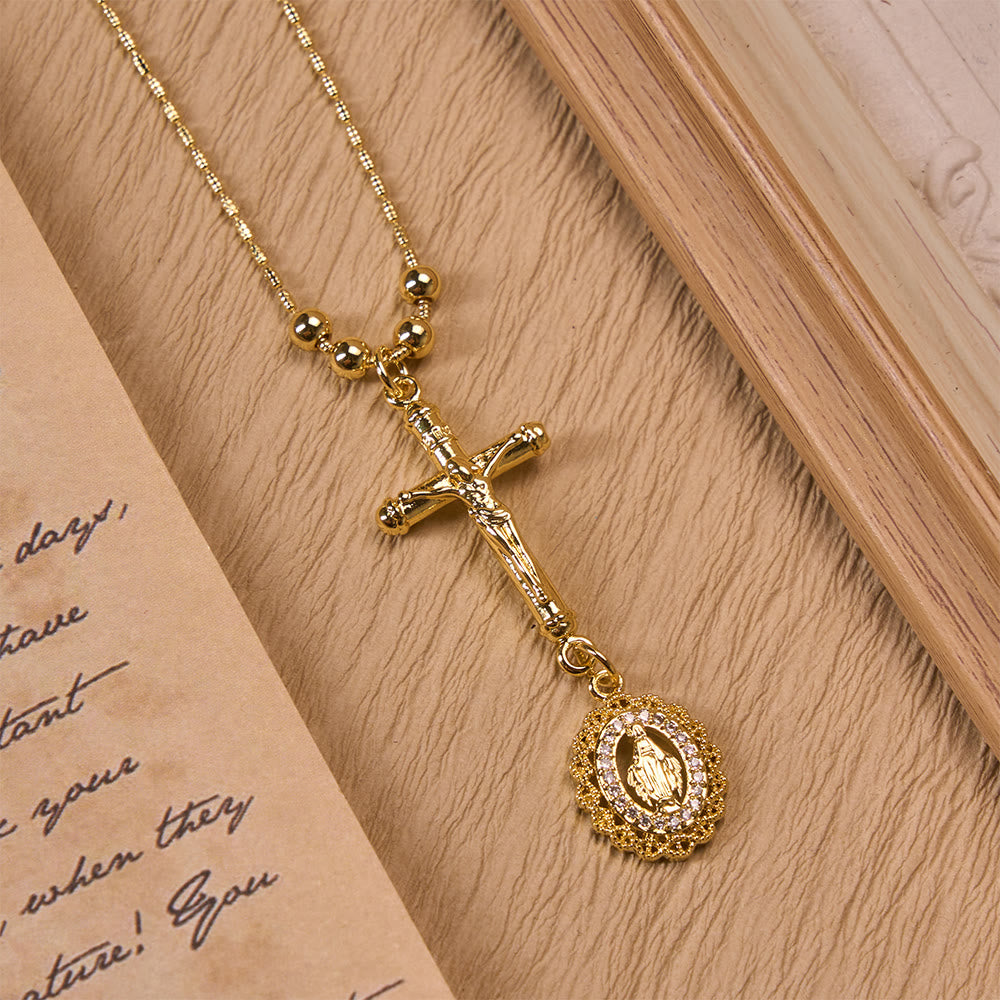 FREE Today: Carved Crucifix & Jeweled Holy Medallion Necklace: Emblem of Tender Heavenly Intercession - Clear Crystal Stone Border - image 4