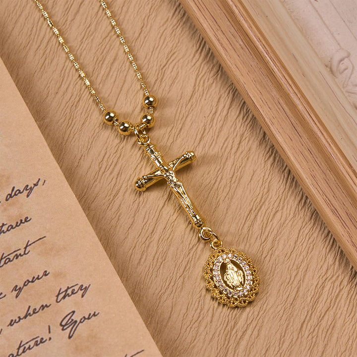 Christianartworkshop Carved Crucifix & Jeweled Holy Medallion Necklace: Emblem of Tender Heavenly Intercession - Clear Crystal Stone Border - image 4