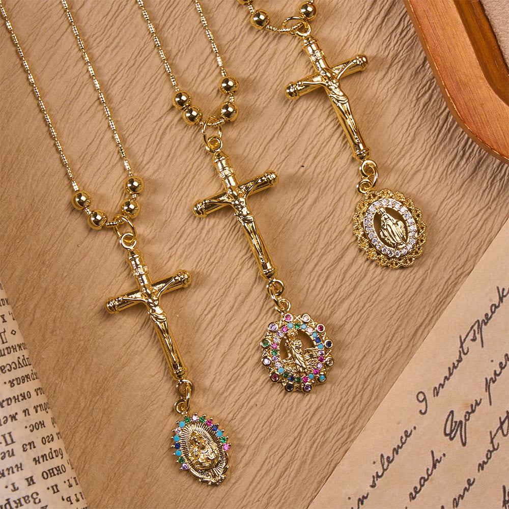 Christianartworkshop Carved Crucifix & Jeweled Holy Medallion Necklace: Emblem of Tender Heavenly Intercession - image 0