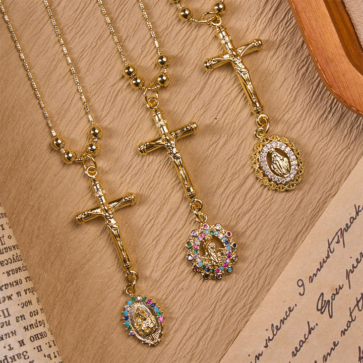 Christianartworkshop Carved Crucifix & Jeweled Holy Medallion Necklace: Emblem of Tender Heavenly Intercession - image 0