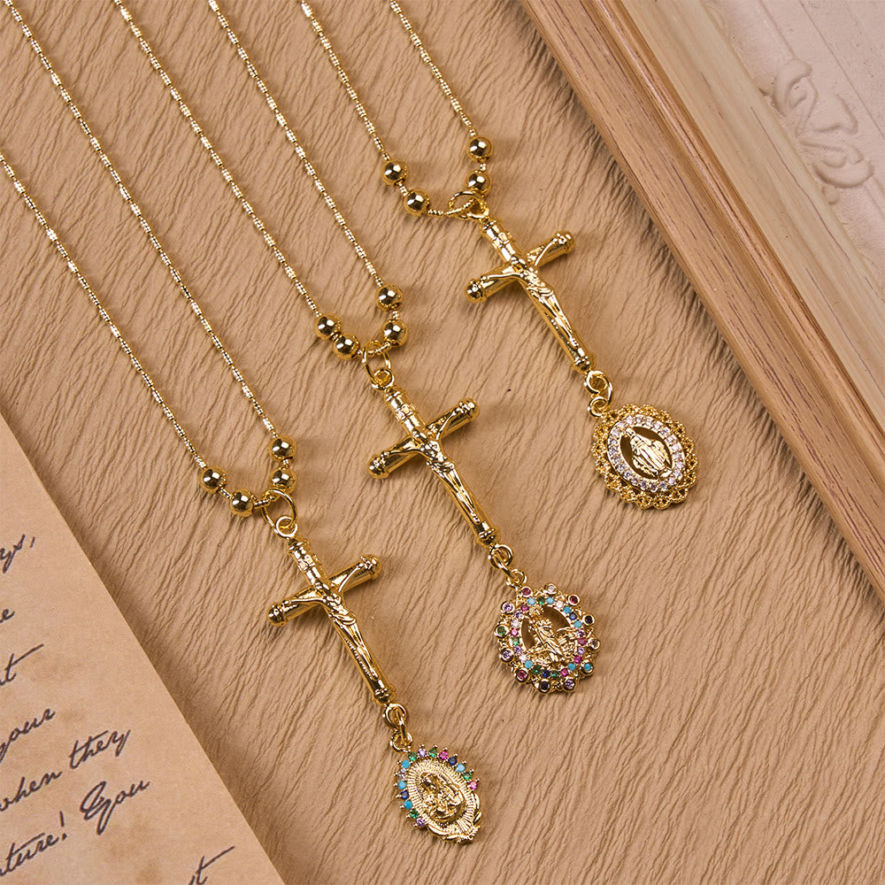 Christianartworkshop Carved Crucifix & Jeweled Holy Medallion Necklace: Emblem of Tender Heavenly Intercession - image 1