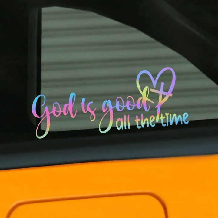 Christianartworkshop Cursive Script God Is Good Heart & Cross Vinyl Car Decal: Emblem of Constant Heavenly Kindness - Multicolor - 6pcs - image 0