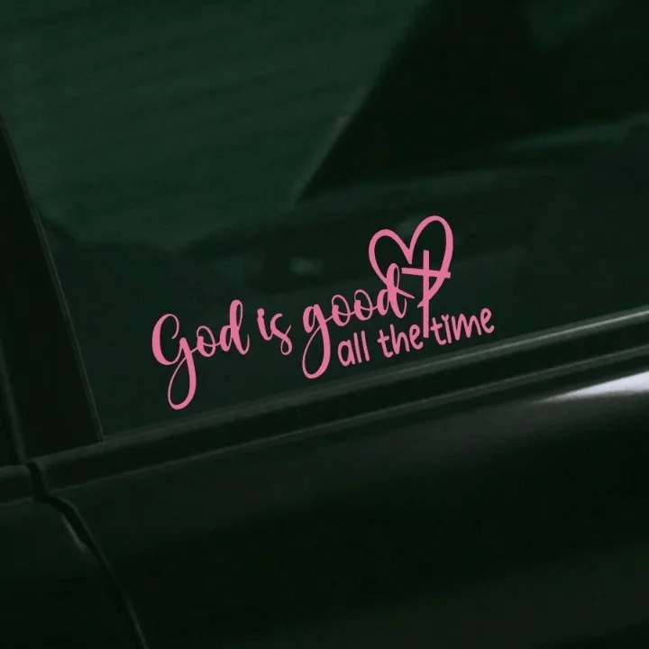 Christianartworkshop Cursive Script God Is Good Heart & Cross Vinyl Car Decal: Emblem of Constant Heavenly Kindness - Pink - 6pcs - image 1
