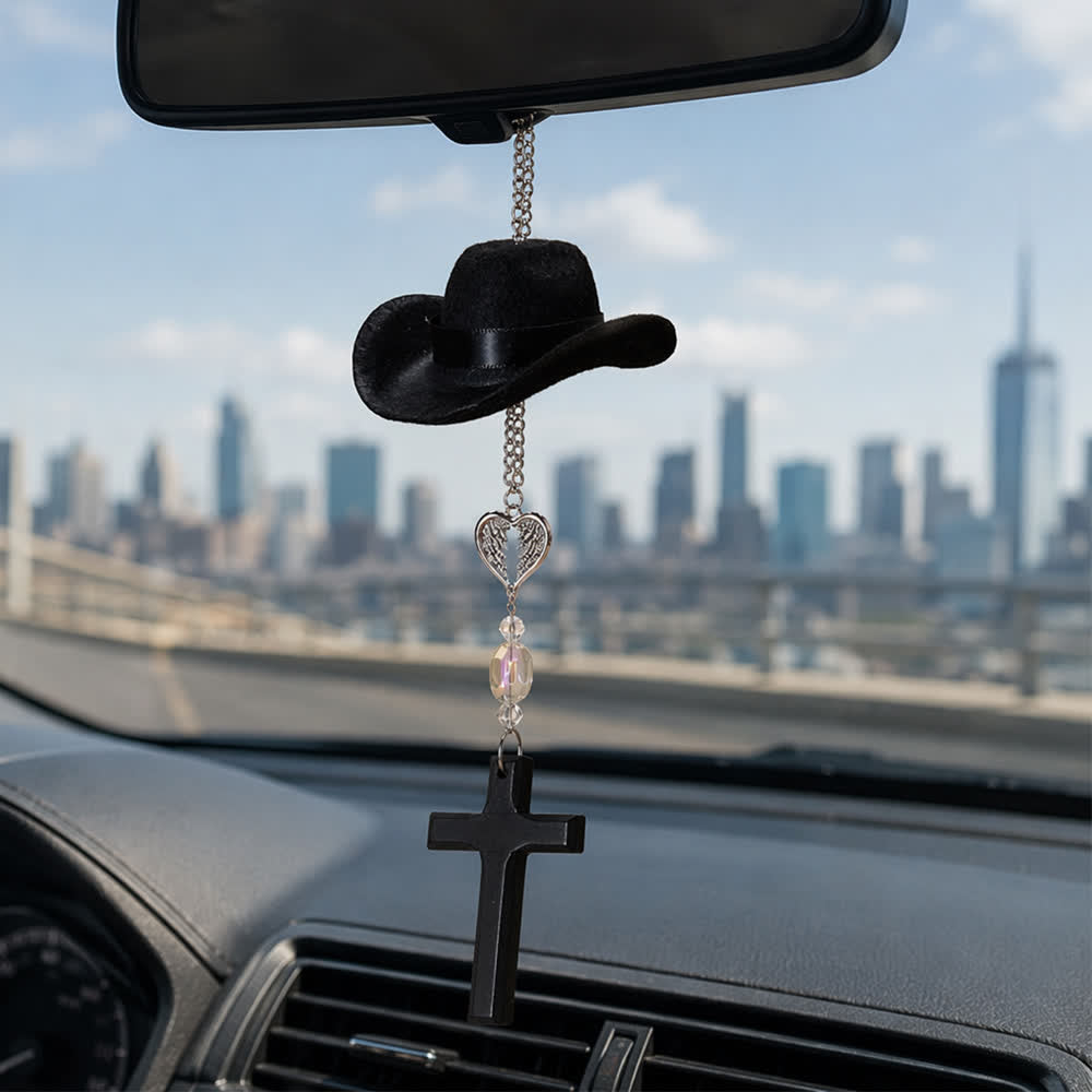 FREE Today: Cowboy Hat Angel Wing Wooden Cross Car Pendant: Timeless Token of Faithful Heavenly Safeguard - Angle Wings - Black - image 0