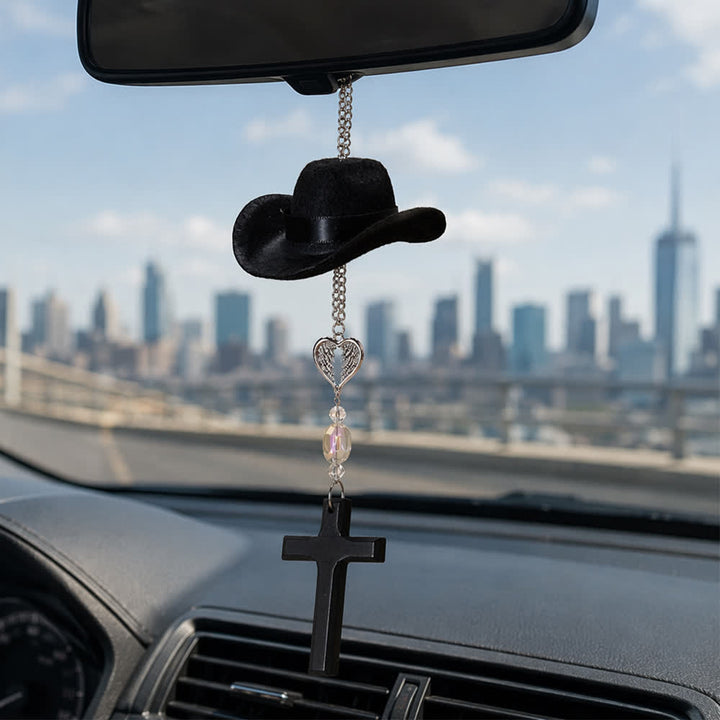 FREE Today: Cowboy Hat Angel Wing Wooden Cross Car Pendant: Timeless Token of Faithful Heavenly Safeguard - Angle Wings - Black - image 0