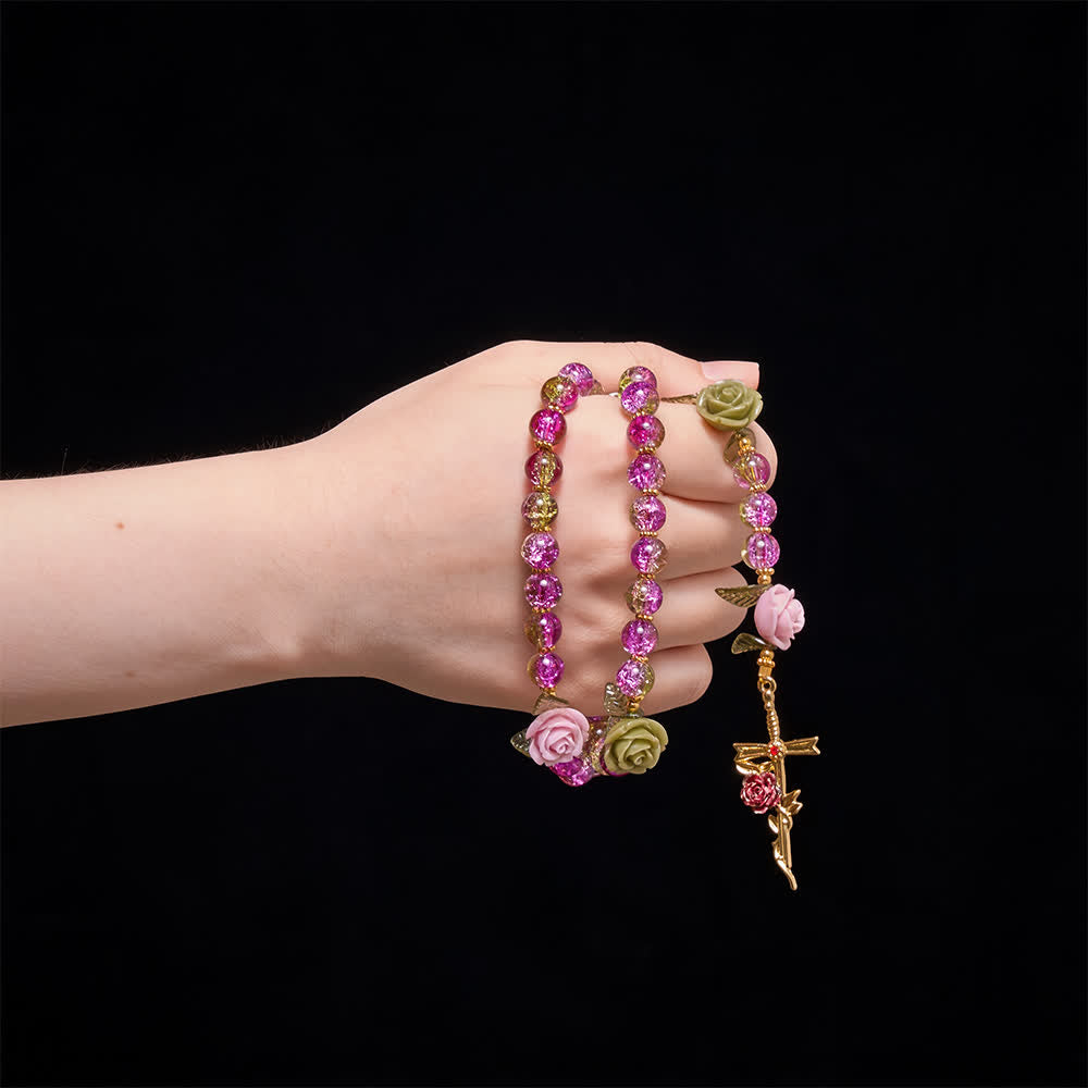 FREE Today: Pink & Green Crackle Faceted Glass Bead Rose Floral Our Lady Cross Rosary - image 1