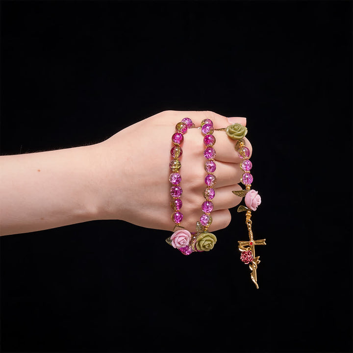 FREE Today: Pink & Green Crackle Faceted Glass Bead Rose Floral Our Lady Cross Rosary - image 1