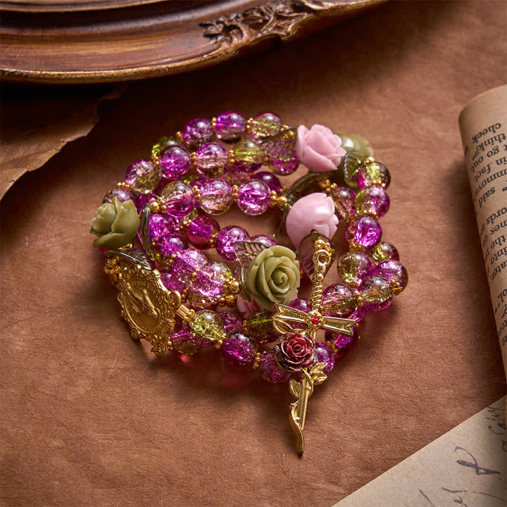 Christianartworkshop Pink & Green Crackle Faceted Glass Bead Rose Floral Our Lady Cross Rosary - image 2