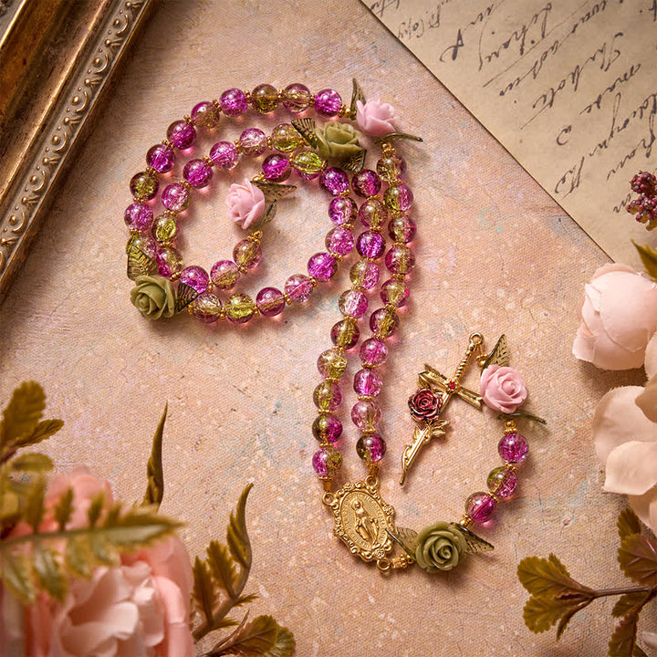 Christianartworkshop Pink & Green Crackle Faceted Glass Bead Rose Floral Our Lady Cross Rosary - Pink & Green Beads Rosary - image 0