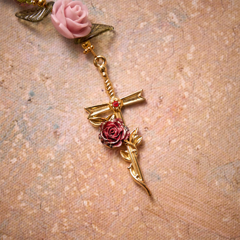Christianartworkshop Pink & Green Crackle Faceted Glass Bead Rose Floral Our Lady Cross Rosary - image 5