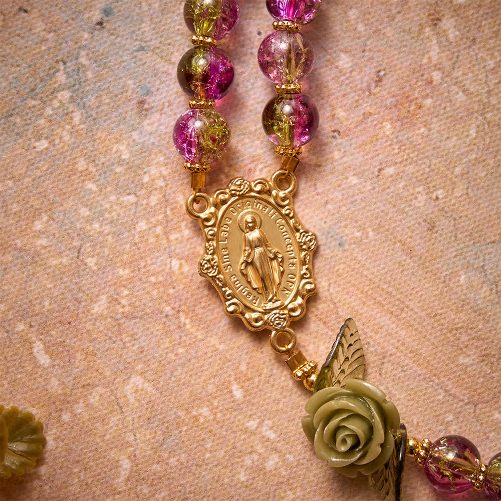 Christianartworkshop Pink & Green Crackle Faceted Glass Bead Rose Floral Our Lady Cross Rosary - image 7