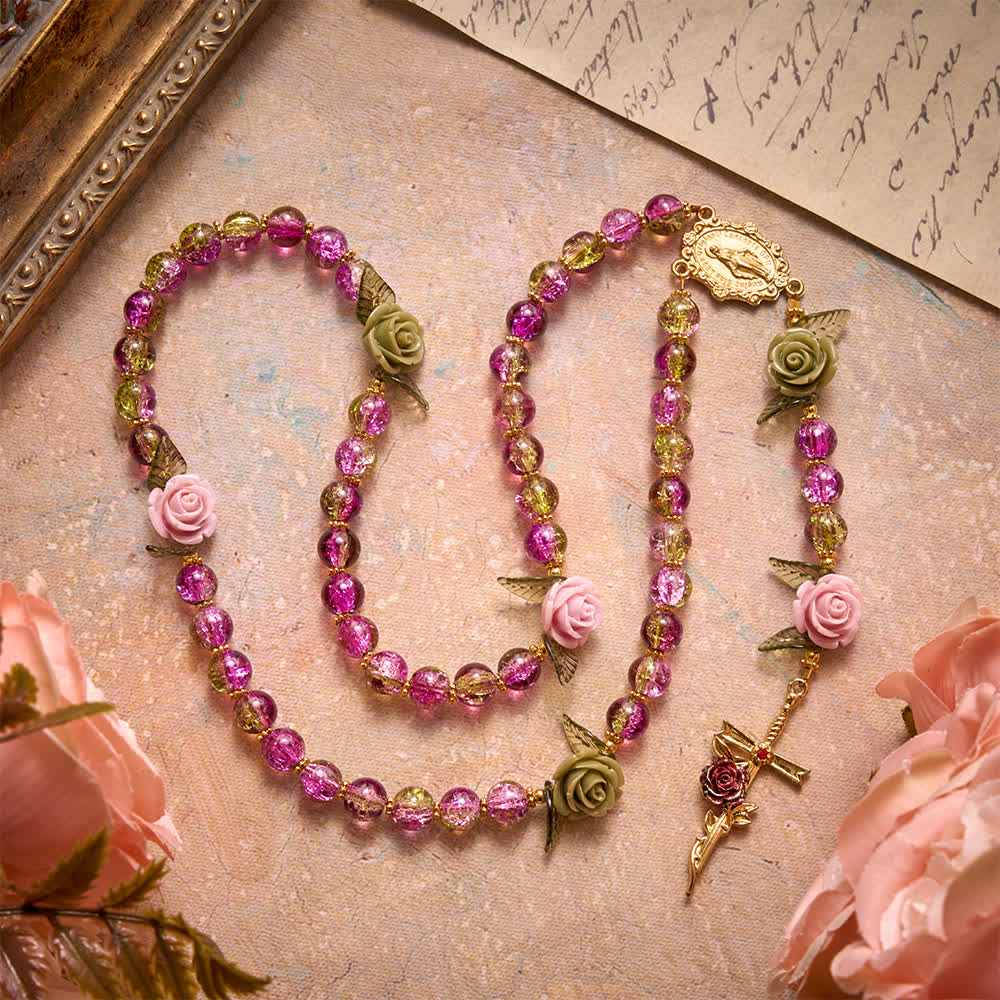 Christianartworkshop Pink & Green Crackle Faceted Glass Bead Rose Floral Our Lady Cross Rosary - image 4