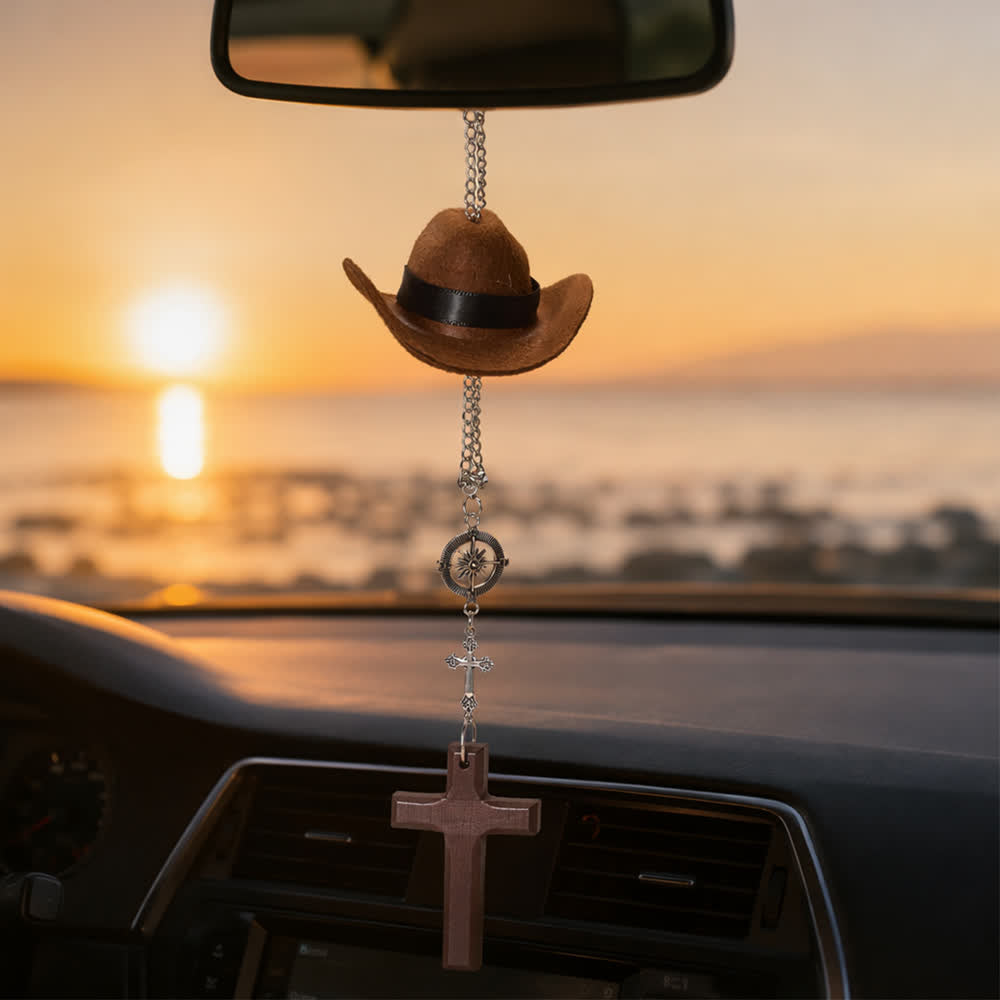 FREE Today: Cowboy Hat Angel Wing Wooden Cross Car Pendant: Timeless Token of Faithful Heavenly Safeguard - Compass - Brown - image 15