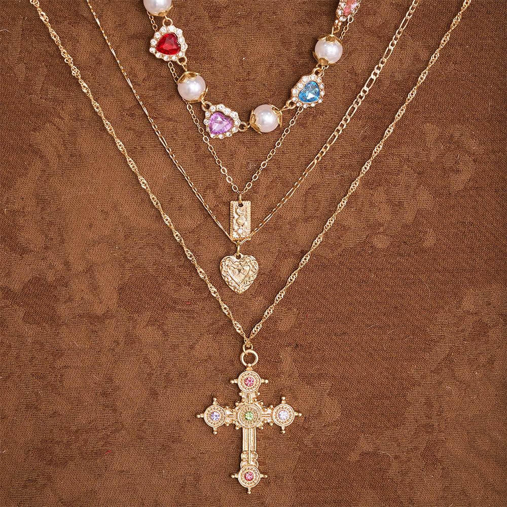 FREE Today: Vintage Layered Jeweled Cross & Pearl Heart Chain Necklace: Emblem of Timeless Heavenly Mercy - image 1